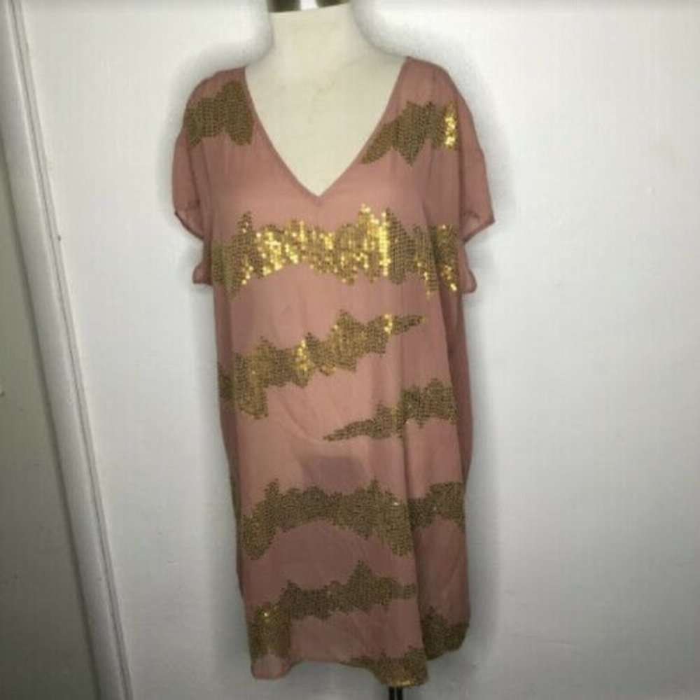 LYS Women's Gold Sequin V-Neck Sheer Tunic Blouse Pink Plus Size 1X